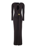Long Dress ABR1461E2EV9 with V-Neck and Drop Cut-Out in Brown Stretch Viscose for Women Elastane