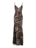 Long Sleeveless Dress with V-Neck and Leopard Print in Stretch Viscose Brown Women Elastane