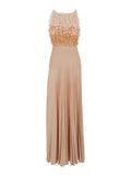 Long Tulle Dress Beige With V-Neck And Short Sleeves For Women