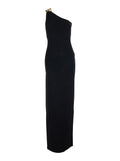 Dress Long Knit Black With V-Neck And Sleeves In Viscose For Women Polyester