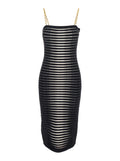 Sleeveless Dress with Removable Chain Straps and All-Over Stripe Motif in Black Stretch Viscose for Women Polyamide