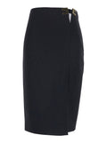 Black Midi Skirt with Side Vent and Cut-Out Logo Plate in Tech Fabric for Women Polyester Elastane