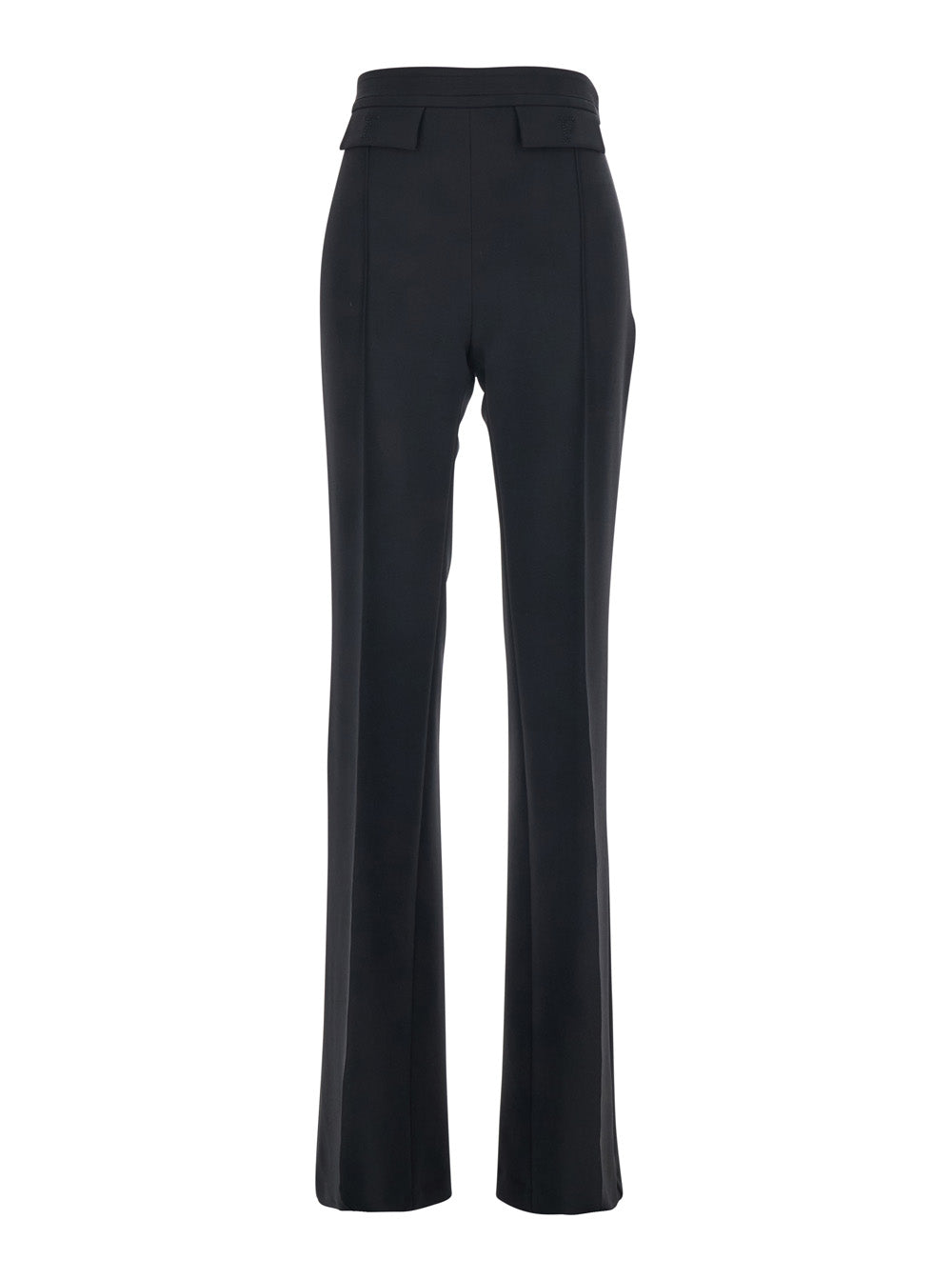 Black High-Waisted Pants with Two Front Flap Pockets in Tech Fabric Stretch Woman Polyester Elastane Trousers