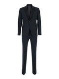 Slim Fit Peak Revers Smoking Jacket With Black Satin + Pants Belt Blue Elegant Suit Details - Wool Men Blu Virgin Suits