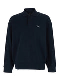 Blue Sweatshirt with Polo Collar and Logo Embroidery on the Front for Men Blu Cotton Sweatshirts