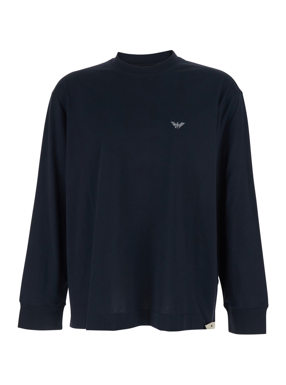 Long Sleeve Crew Neck T-Shirt with Logo Embroidery on the Front in Blue Cotton for Men Blu Tshirts And Polo Shirts