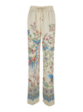 White Pants with Elastic Waist and Drawstring All-Over Floral Print in Tech Fabric for Women Polyester Trousers
