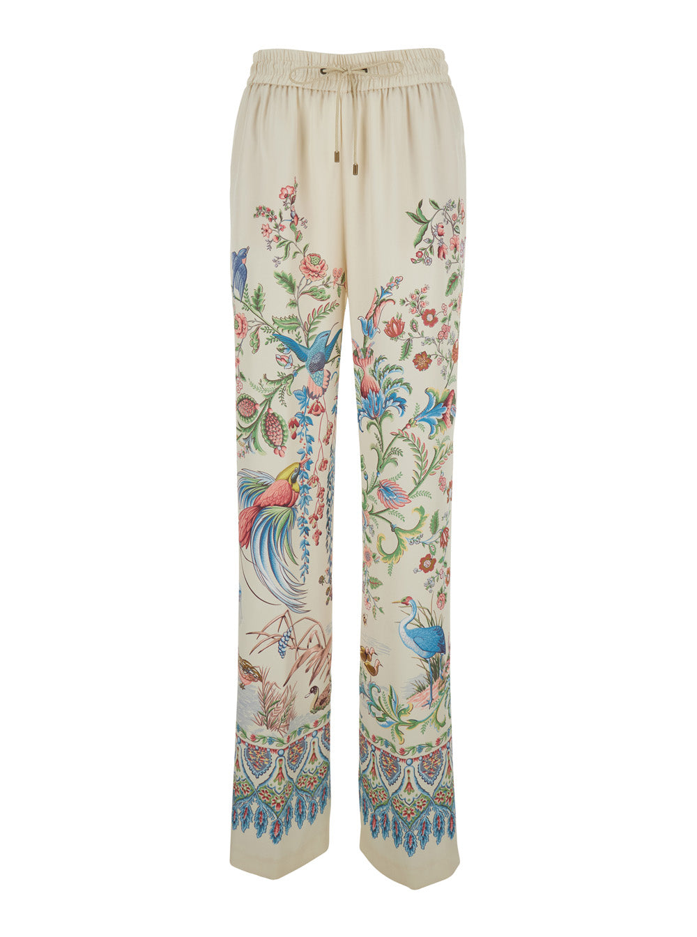 White Pants with Elastic Waist and Drawstring All-Over Floral Print in Tech Fabric for Women Polyester Trousers