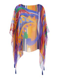 Multicolor Cape with All-Over Print and Silk Tassel Detail for Women Outerwear