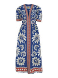Luna Blue Long Dress with V Neck and All-Over Floral Motif in Cotton Woman Blu