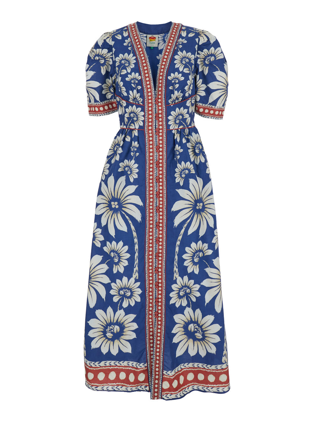 Luna Blue Long Dress with V Neck and All-Over Floral Motif in Cotton Woman Blu