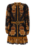 Majestic Garden Multicolor Crew Neck Mini Dress With All-Over Floral Motif And Front Belt Cotton For Women