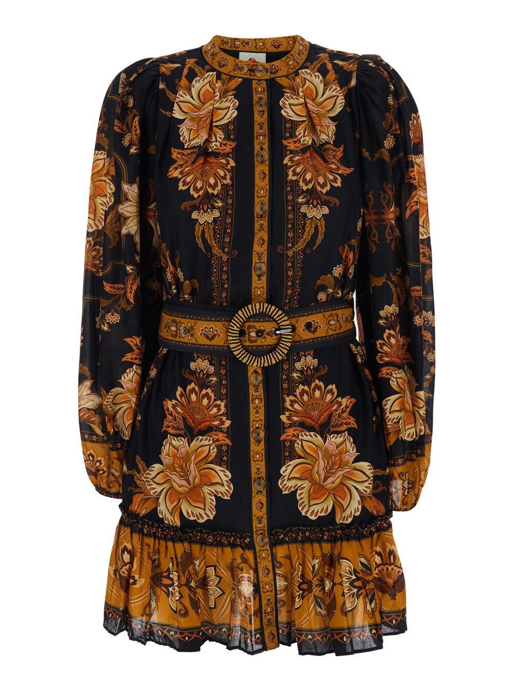 Majestic Garden Multicolor Crew Neck Mini Dress With All-Over Floral Motif And Front Belt Cotton For Women