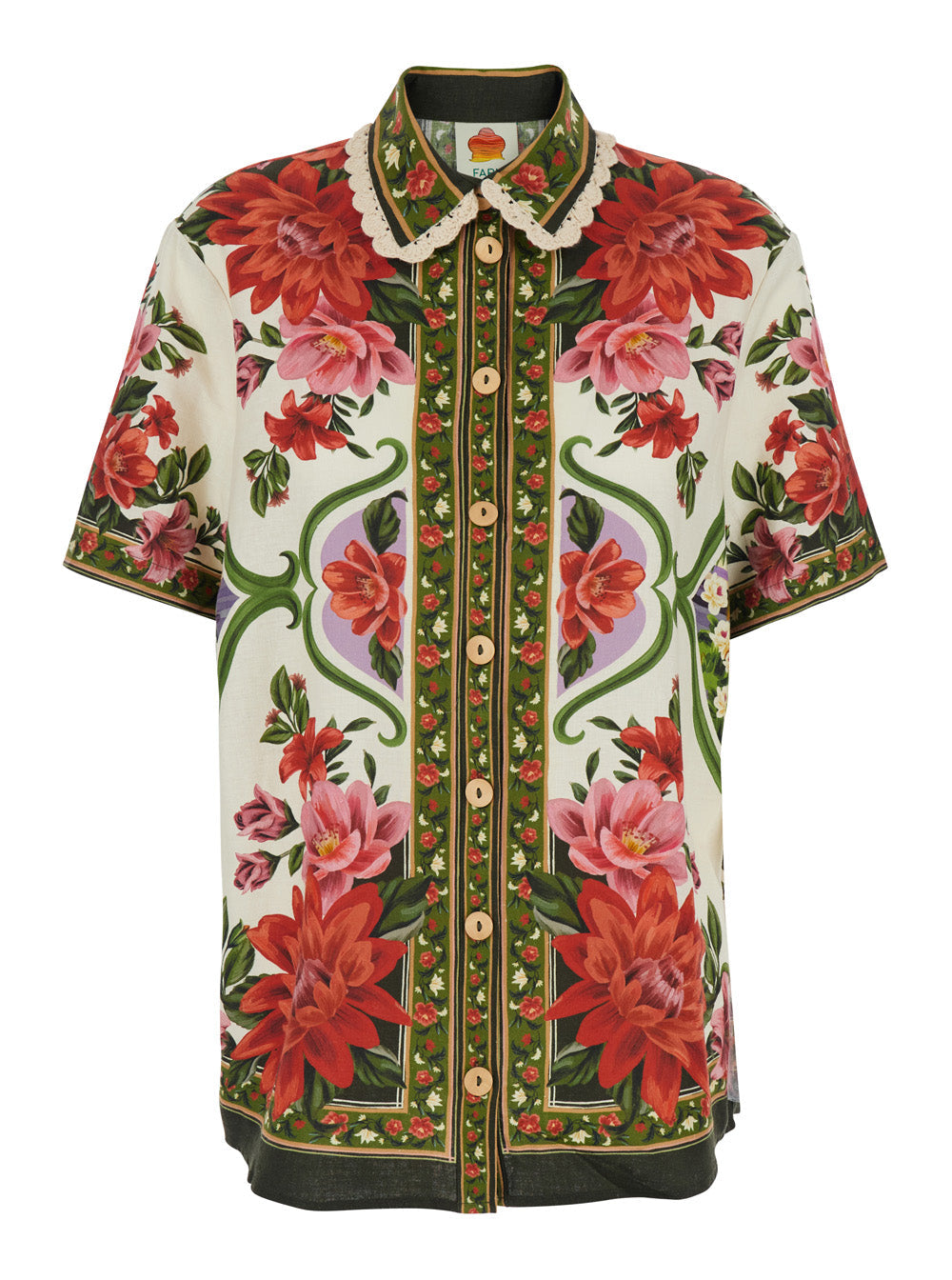 Wonder Shirt with Classic Collar Lace Embroidery and All-Over Floral Motif in Multicolor Linen Blend for Women Viscose Blouses