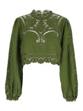 Crop Blouse Majestic Garden Crew Neck with Floral Cut-Out and All-Over Embroidery in Green Linen for Women Shirts Blouses