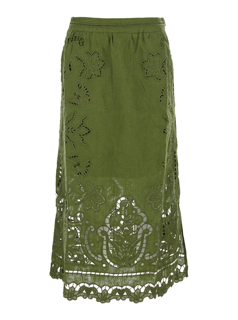 Dress Majestic Garden with Floral Cut-Out and All-Over Embroidery in Green for Women Linen Skirt