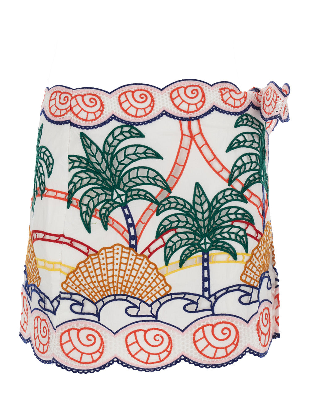 White Skirt with Side Knot Closure and All-Over Tropical Embroidery for Women Cotton