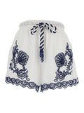 Garden Tiles White Shorts with Drawstring Waist and All-Over Embroidery in Cotton Woman Bermuda