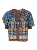 Dress Embroidered Tapestry Blue with Short Sleeves and Multicolor Embroidery in Cotton for Women Shirts Blouses