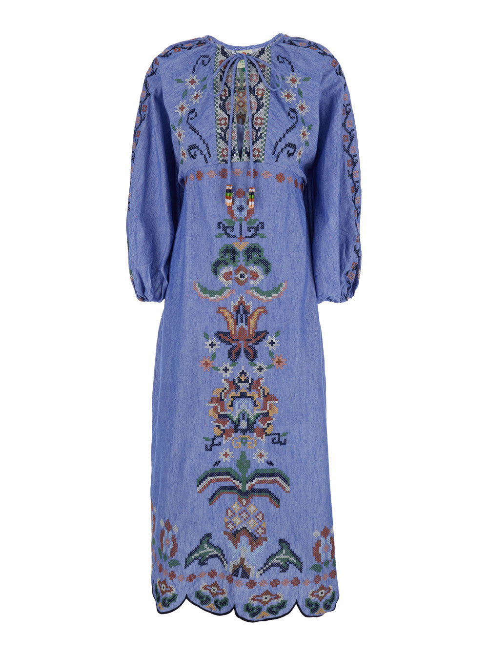 Round Neck Dress with Knot Closure and All-Over Embroidery in Blue Fabric for Women Light Long