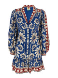 Midi Dress Luna with V-Neck and All-Over Floral Motif in Blue Viscose for Women Blu