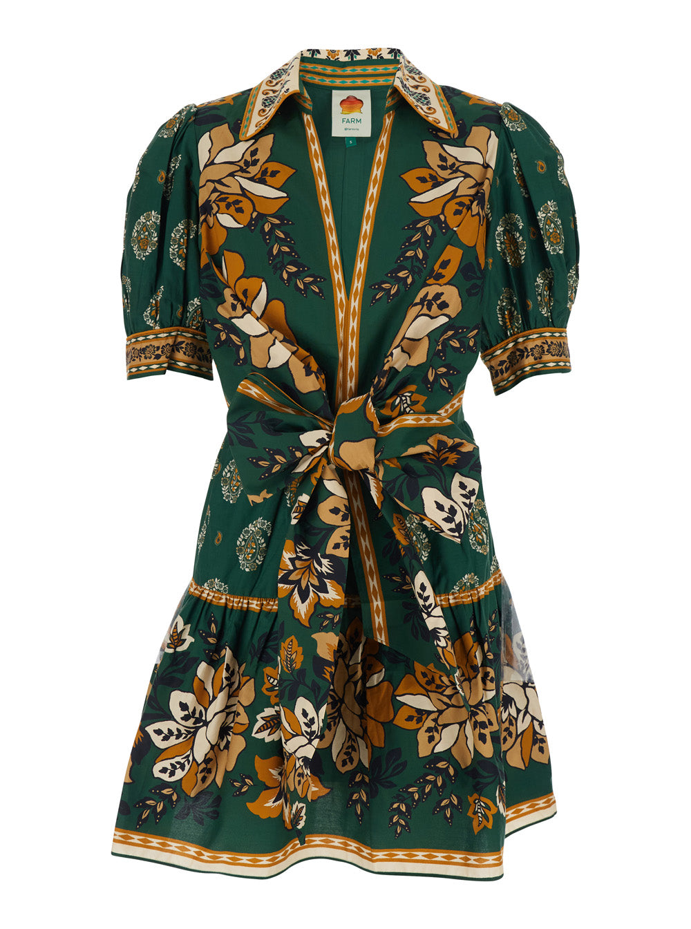 Ayla Green Mini Dress With Bow On The Front And All-Over Floral Motif Cotton For Women