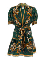 Ayla Green Mini Dress With Bow On The Front And All-Over Floral Motif Cotton For Women