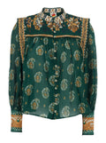 Ayla Dress with Button Cuffs and All-Over Floral Motif in Green Cotton for Women Shirts Blouses