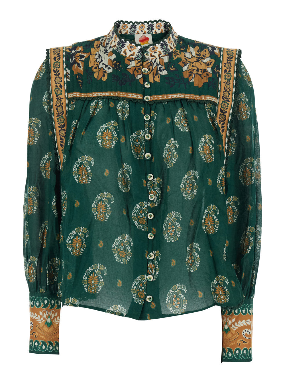 Ayla Dress with Button Cuffs and All-Over Floral Motif in Green Cotton for Women Shirts Blouses