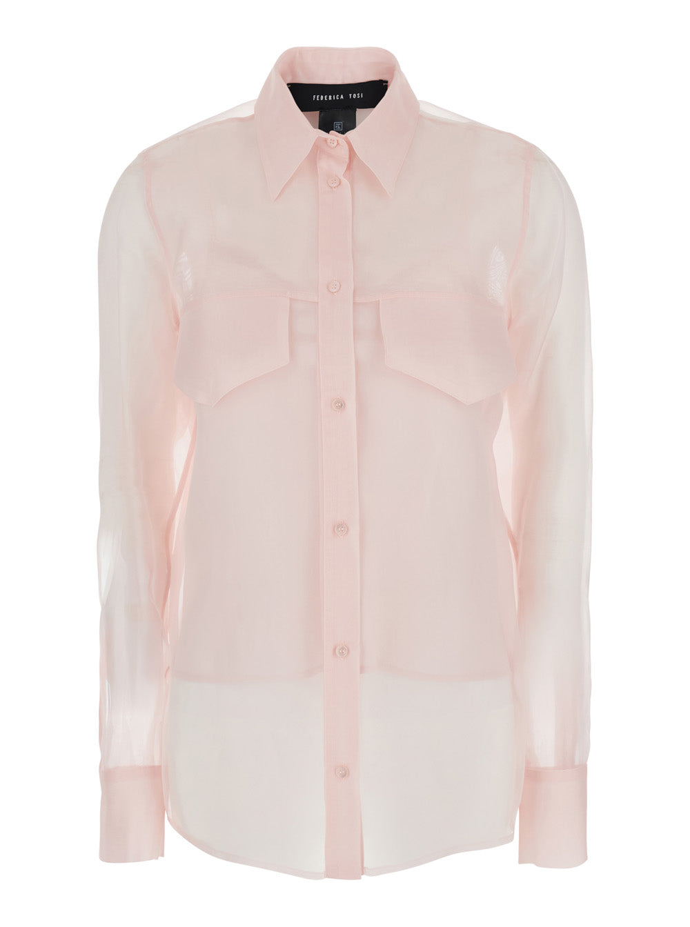 Silk Shirt with Pointed Collar and Transparent Design Pink Women Blouses