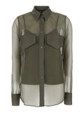 Silk Shirt with Pointed Collar and Transparent Design Green Women Blouses