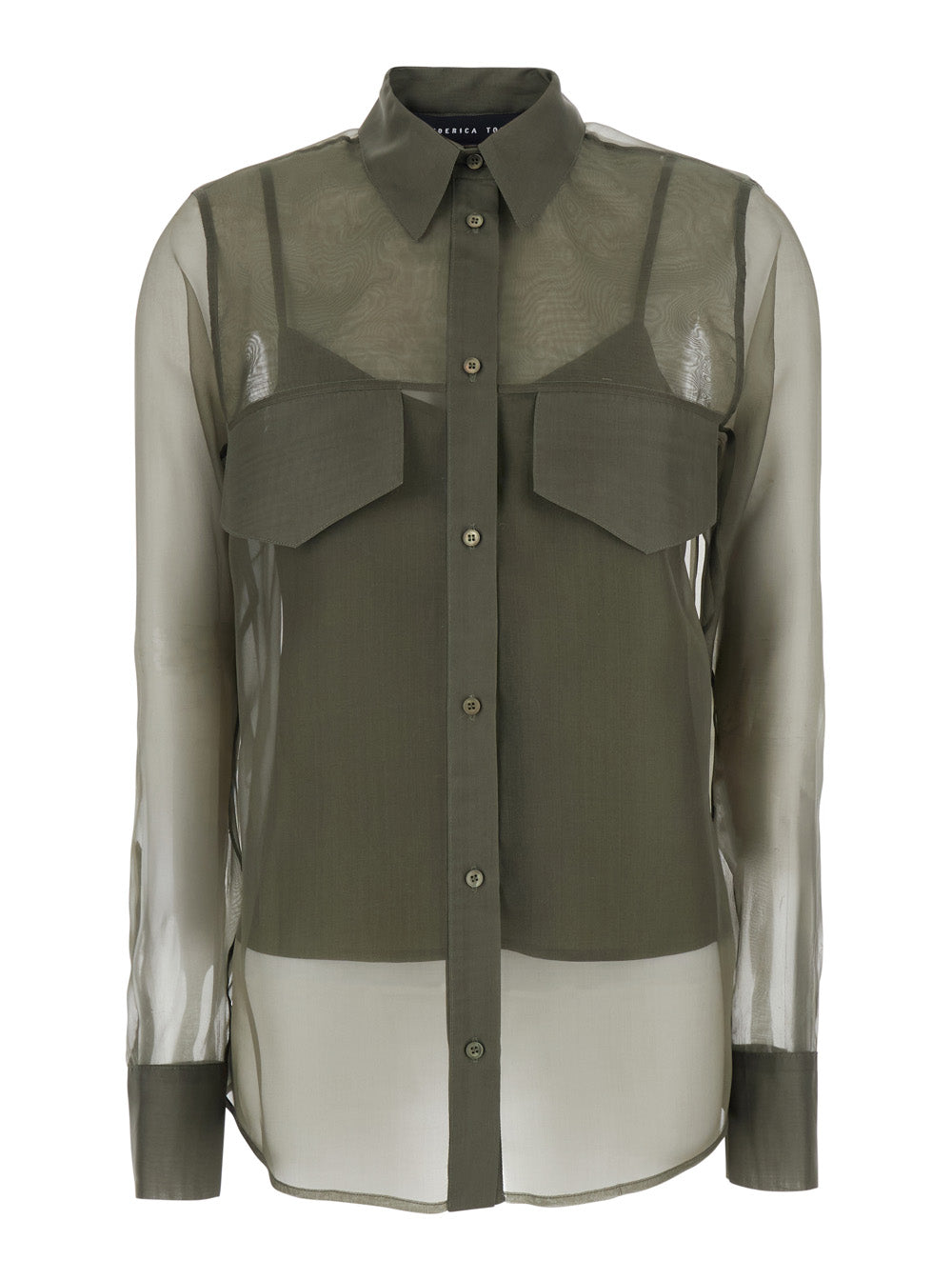 Silk Shirt with Pointed Collar and Transparent Design Green Women Blouses