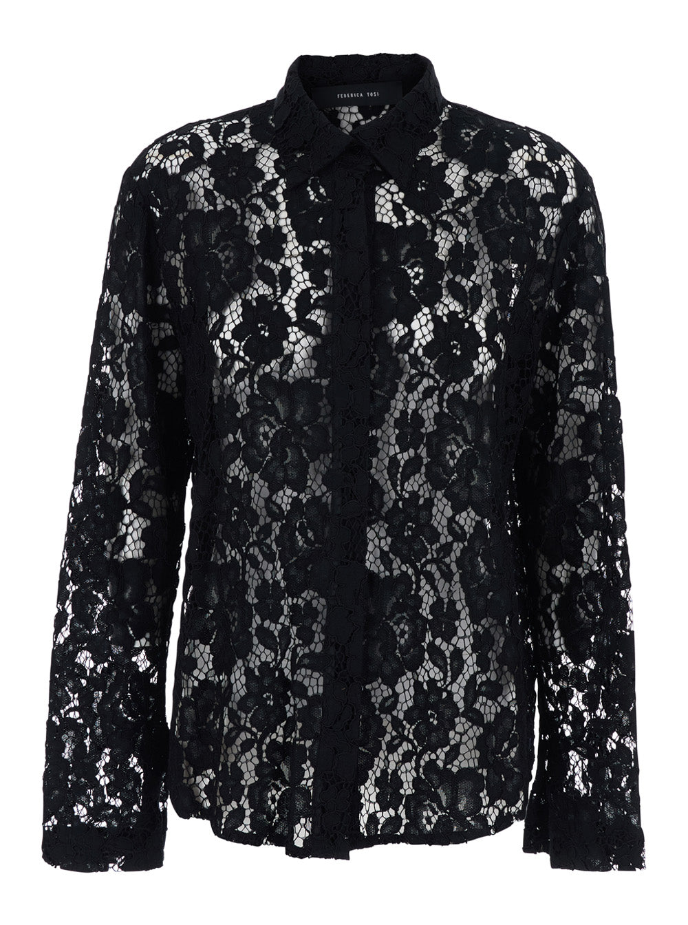 Shirt with classic collar and lace design in black cotton blend for women Blouses