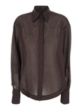 Shirt Cotton Mulsin Brown With Long Sleeves And Traditional Collar For Women Blouses