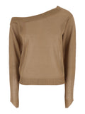 One-Shoulder Sweater with Ribbed Edges in Brown Wool Blend for Women Jersey