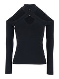 Black Crossed Neckline Ribbed Knit Top for Women Jersey