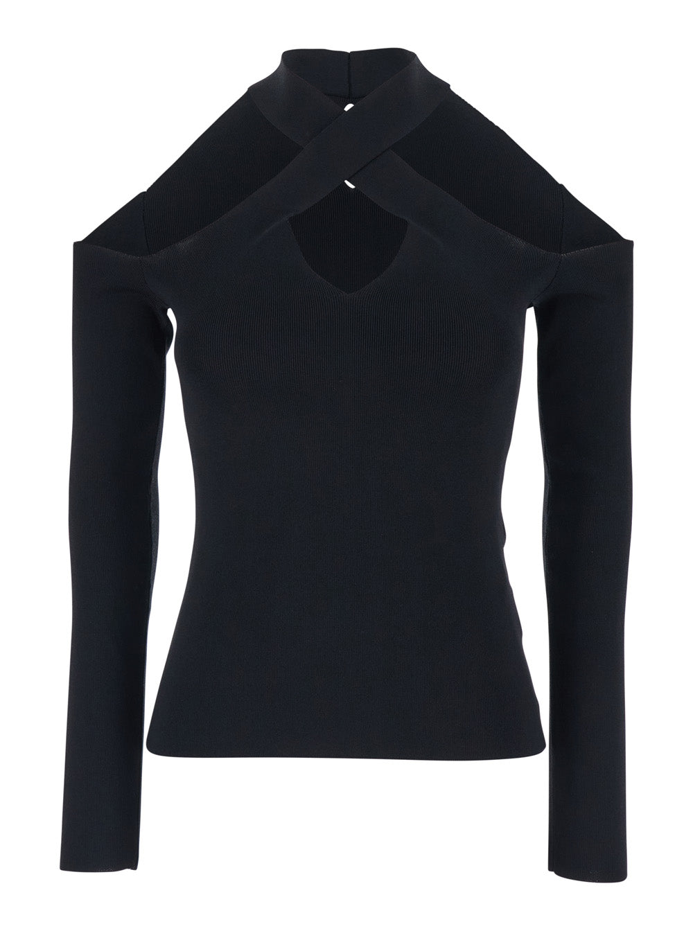 Black Crossed Neckline Ribbed Knit Top for Women Jersey