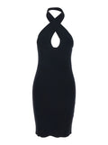 Black Sleeveless Short Dress With Criss-Crossed Neckline And Ribbed Knit Fabric For Women