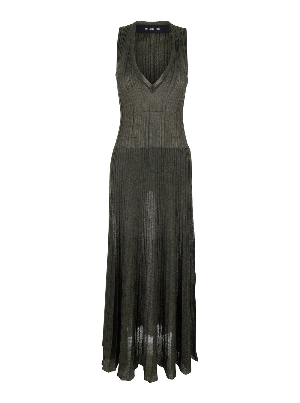 KNIT LONG DRESS - Green with round neckline and sleeves. Made of viscose polyester. In Polyester Women