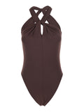 One-Piece Swimsuit One Piece Brown With Deep Neckline And Thin Straps Tech Fabric Women Polyamide Elastane Beachwear