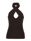 CROSS NECK TOP Brown with Highlighted Details and Short Sleeves in Womens Fabric Tops