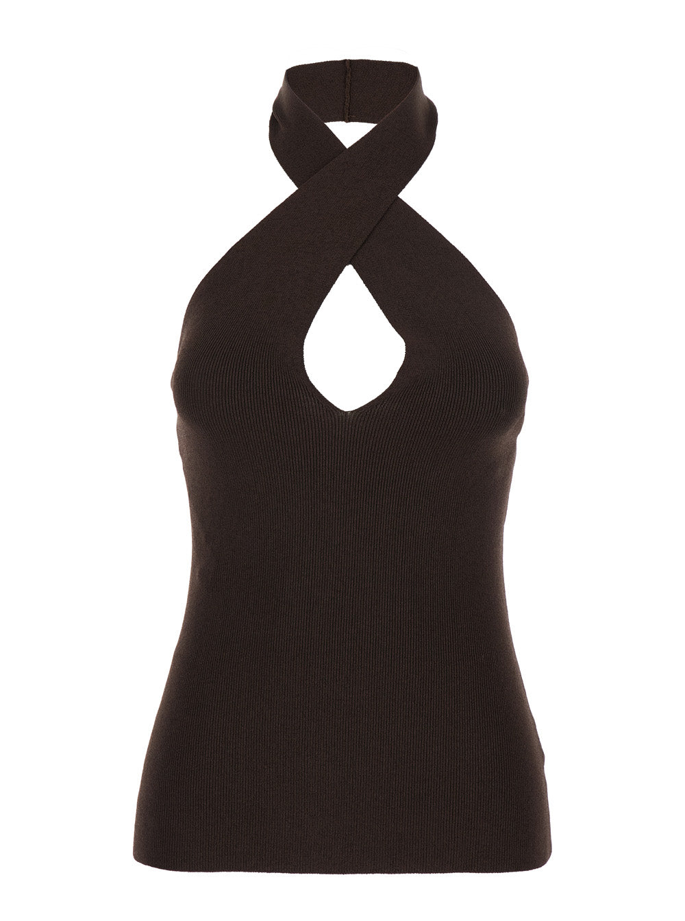 CROSS NECK TOP Brown with Highlighted Details and Short Sleeves in Womens Fabric Tops