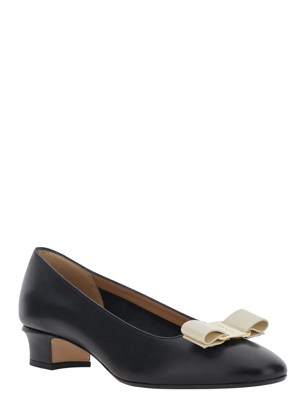 Vara 2.0 Black Pumps with Block Heel and Logo Plate on the Front in Leather Woman Calf Heels