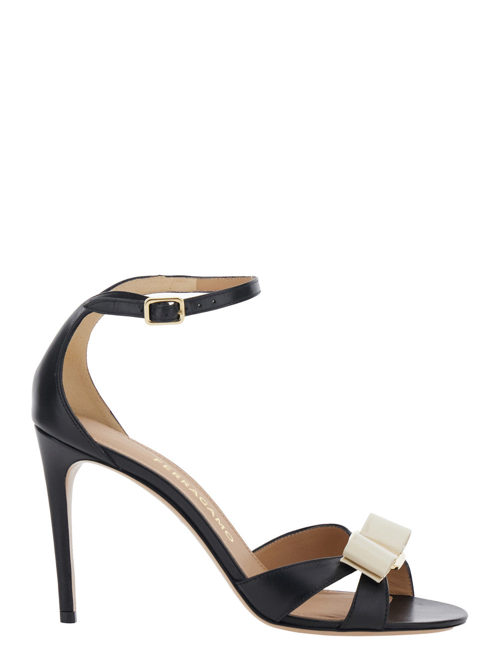 Vara Black Heel Sandal with Bow Detail on the Front in Leather Woman Goat Calf Heels