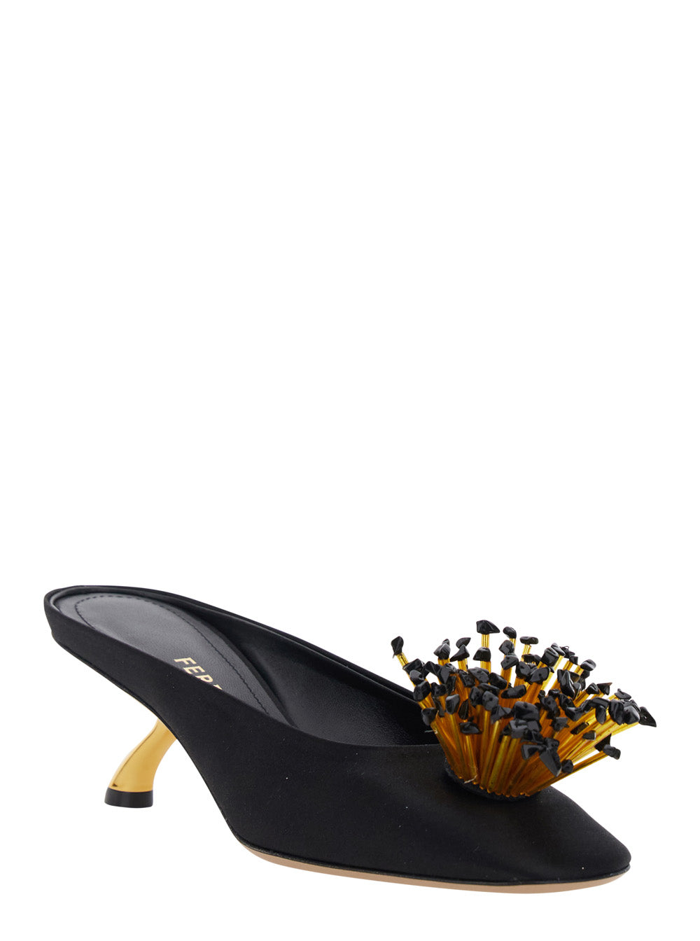 Black Heeled Sandals with Crystal Decoration on the Front in Fabric for Women Heels
