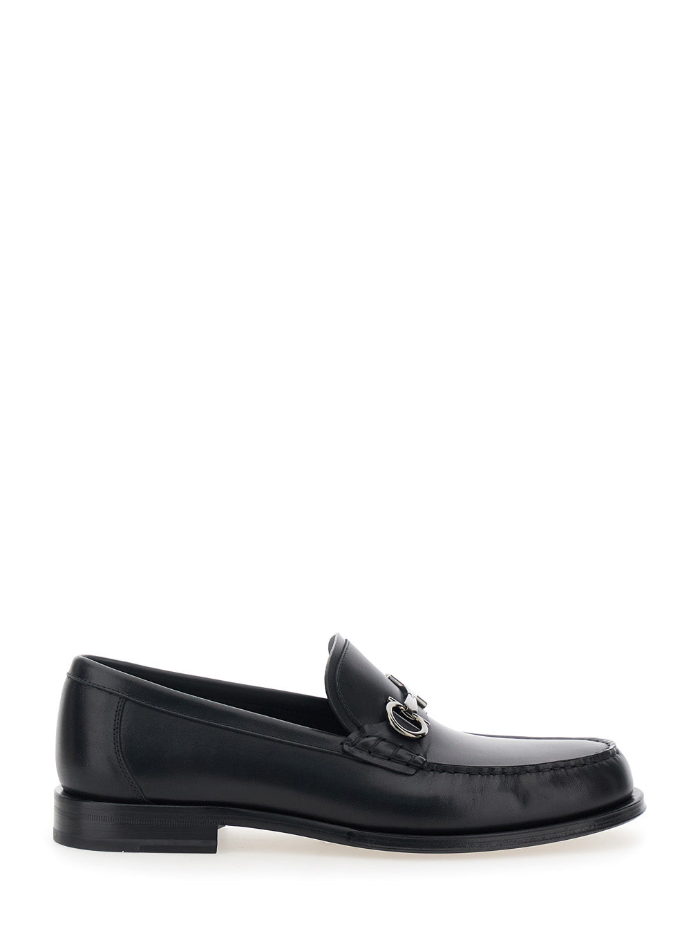 Black Loafers with Gancini Metal Detail on the Front in Leather Man Calf