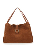 New Line Grande Brown Shoulder Bag with Two Flat Handles and Gancini Detail on the Front in Suede Woman Goat Calf