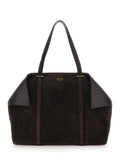 Brown Tote bag with Folded Corners and Logo Lettering Embossed on the Front in Suede Woman Goat Calf