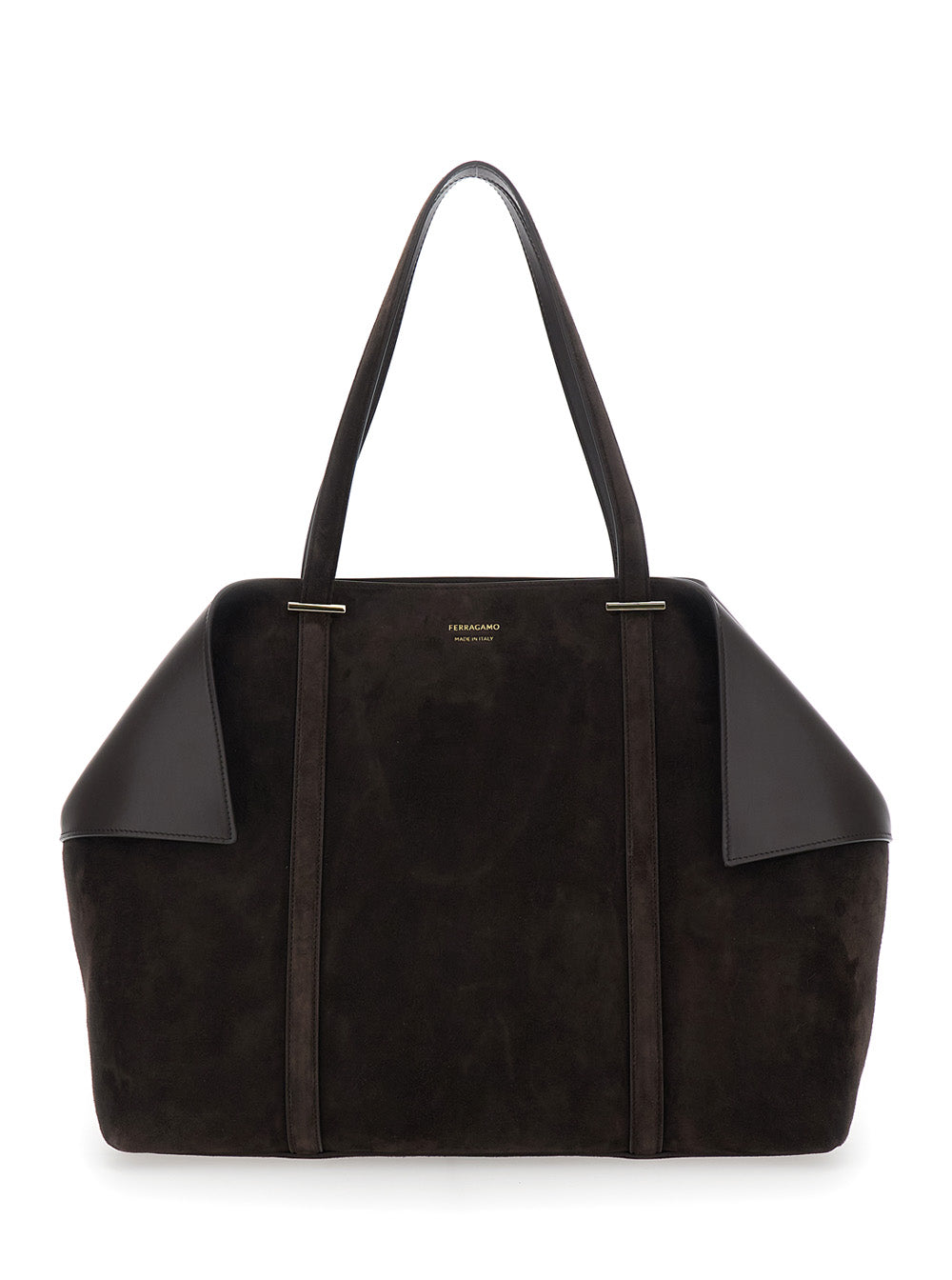 Brown Tote bag with Folded Corners and Logo Lettering Embossed on the Front in Suede Woman Goat Calf