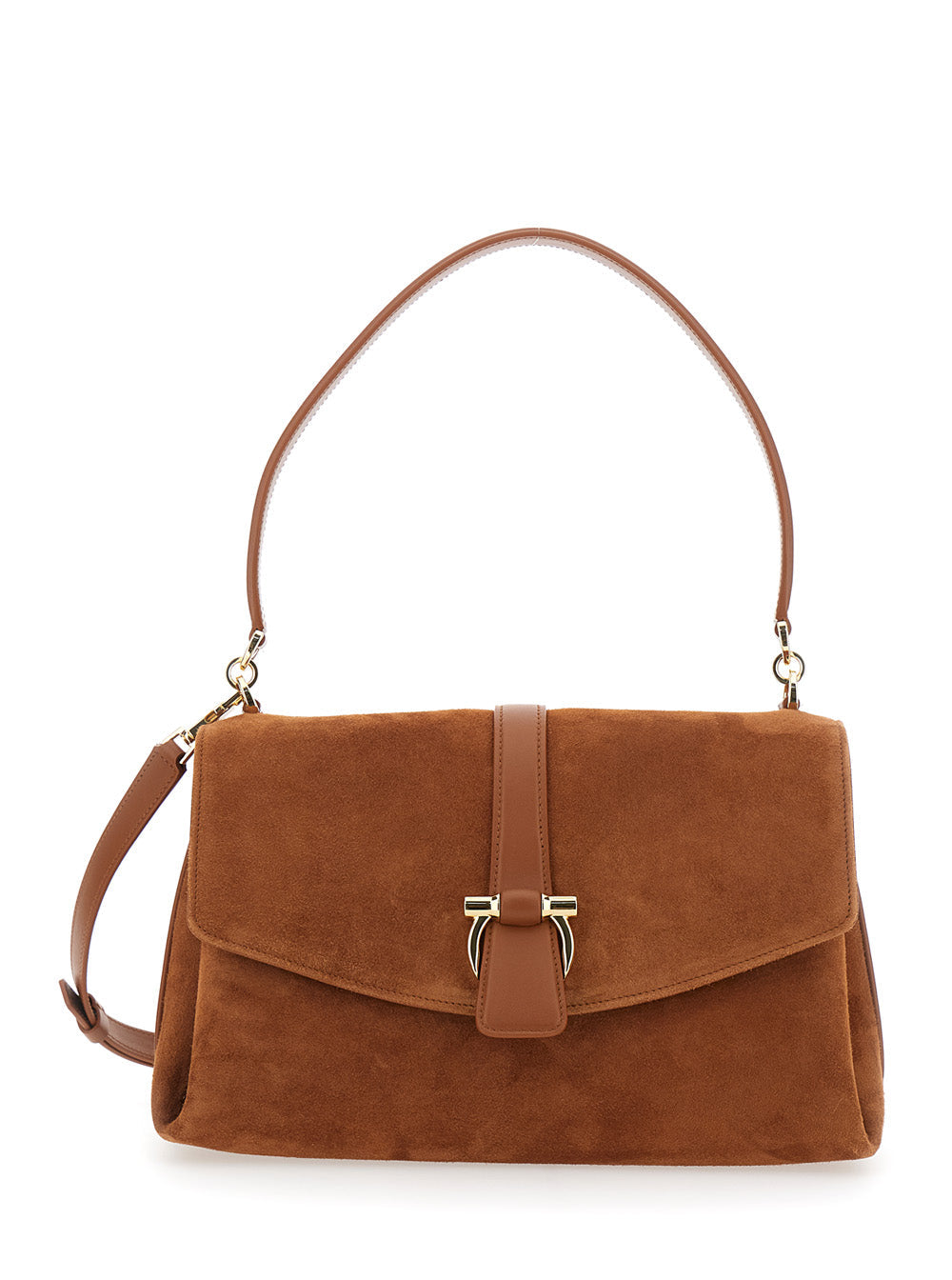 Brown Crossbody bag with Adjustable and Removable Strap Closure Gancini Plaque in Suede for Women Goat Calf